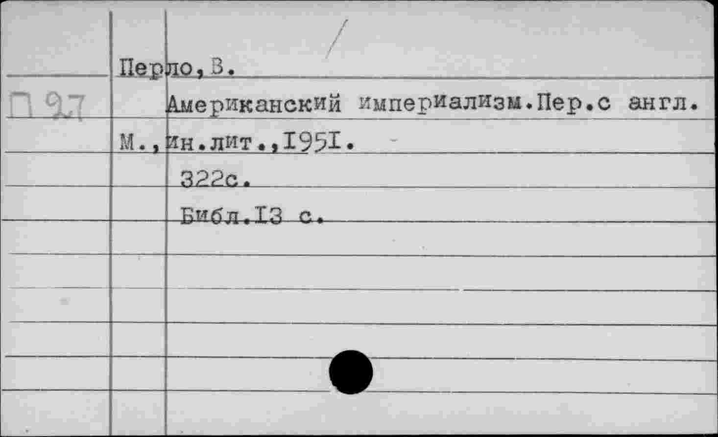 ﻿	Пер	во. 3.
		Американский империализм.Пер.с англ.
	М.,	ан.лит.,1951*
		3??с.
		Бябл.13 с.	
		
		
		
		
		
		